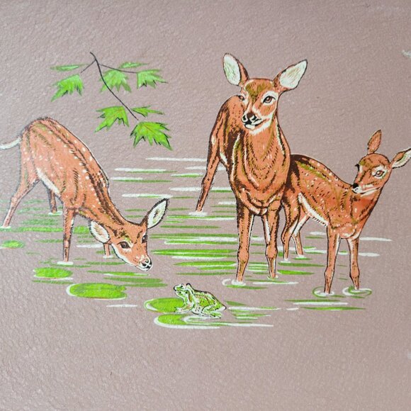 Vintage MCM Serving Tray With Deer at Frog Pond - Brown & Cream Handles Tilso - Picture 4 of 8